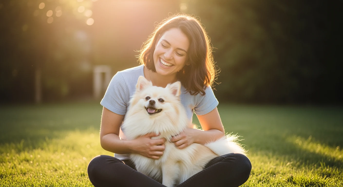 Propriétaire avec son Petit Spitz dans un jardin ensoleillé, complicité évidente